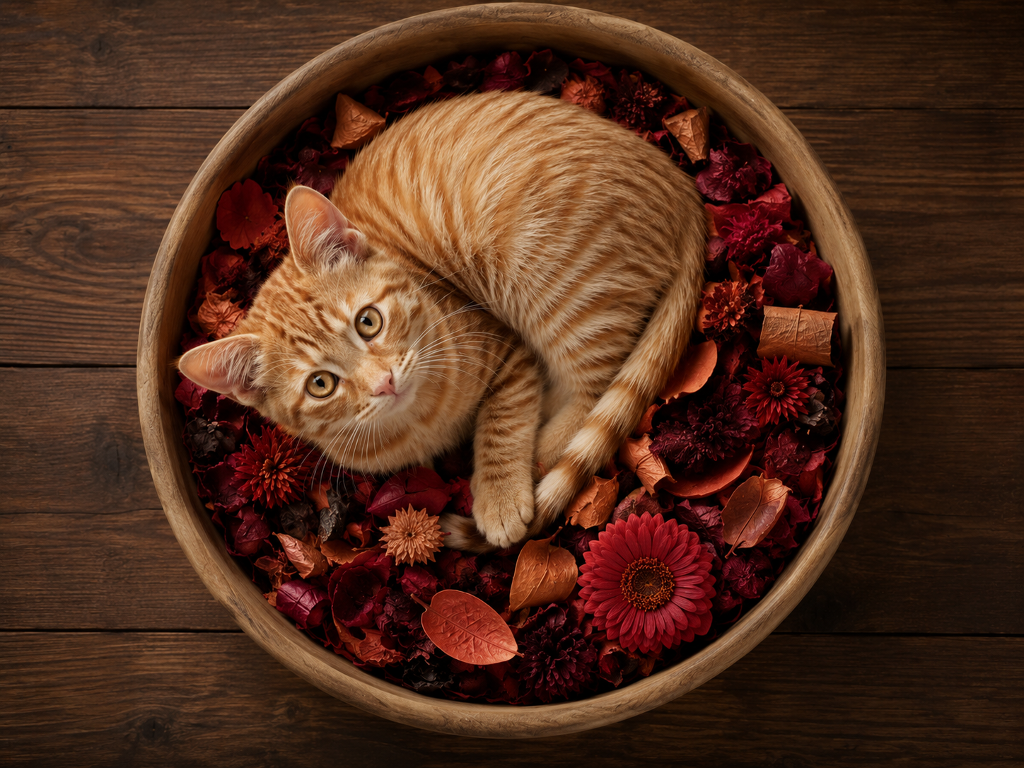 Cat in a basket of potpourri