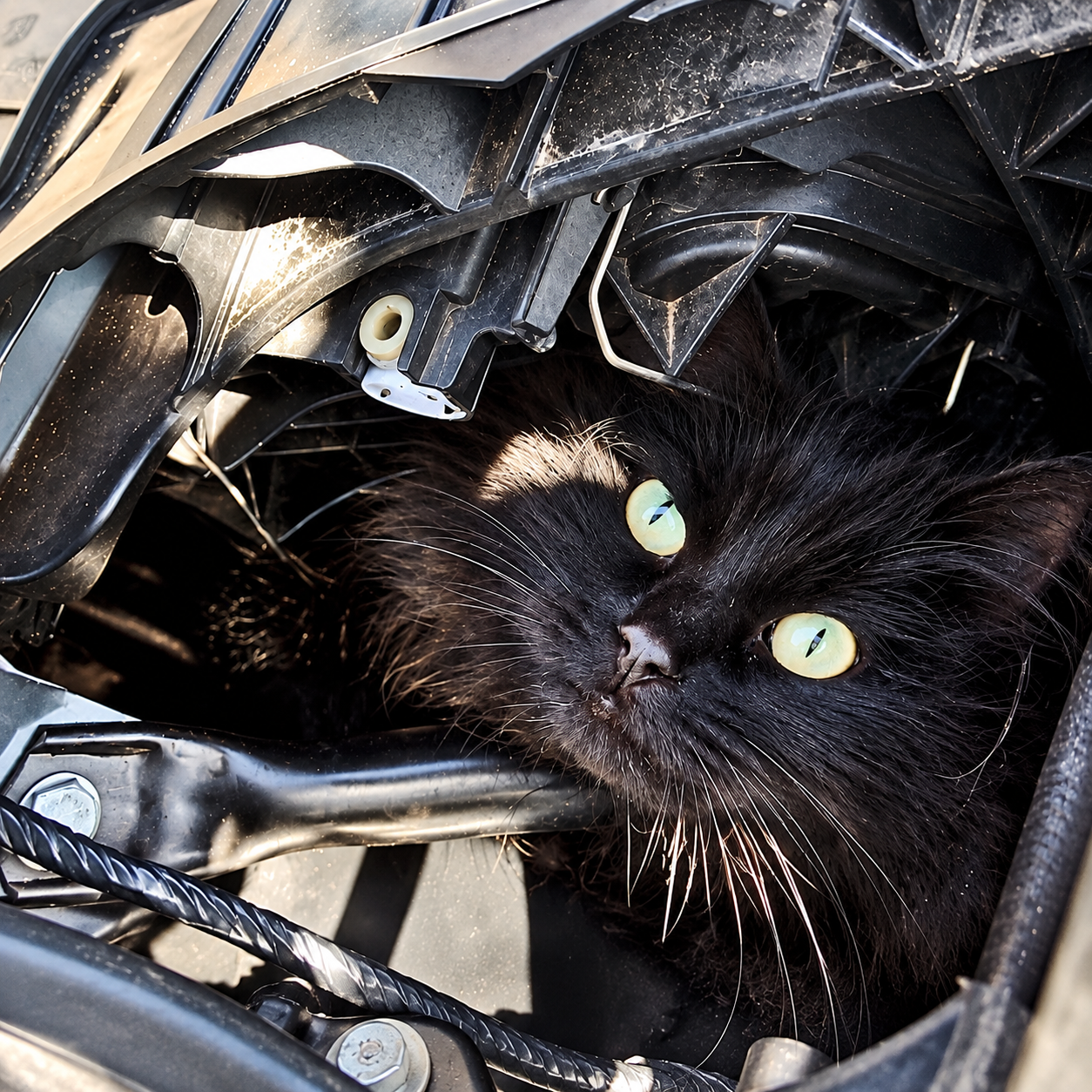 A cat in engine bay that had a close escape