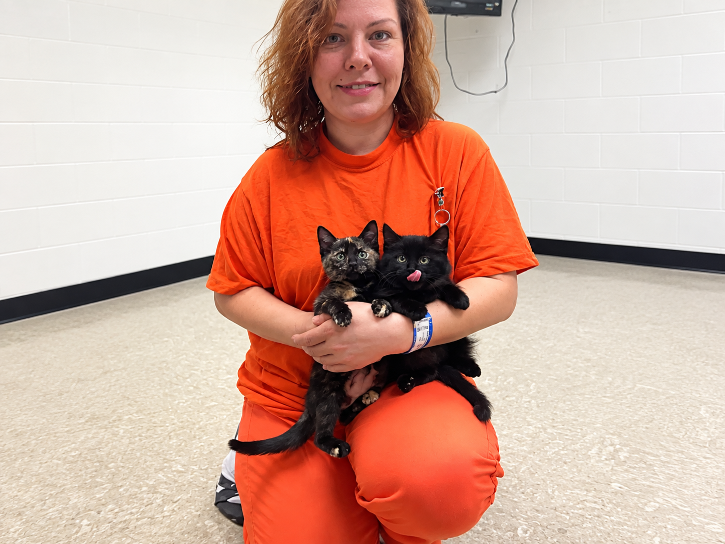 Woman in orange prison suit holding cats